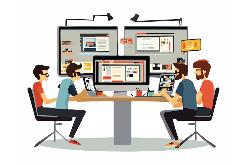 Web designers collaborating on a responsive website layout for 2025 trends